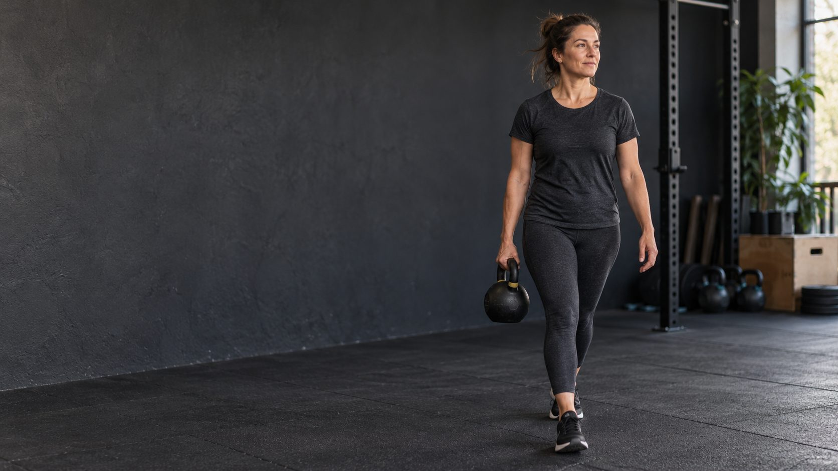 Vježbačica u dvorani nosi kettlebell u hodu